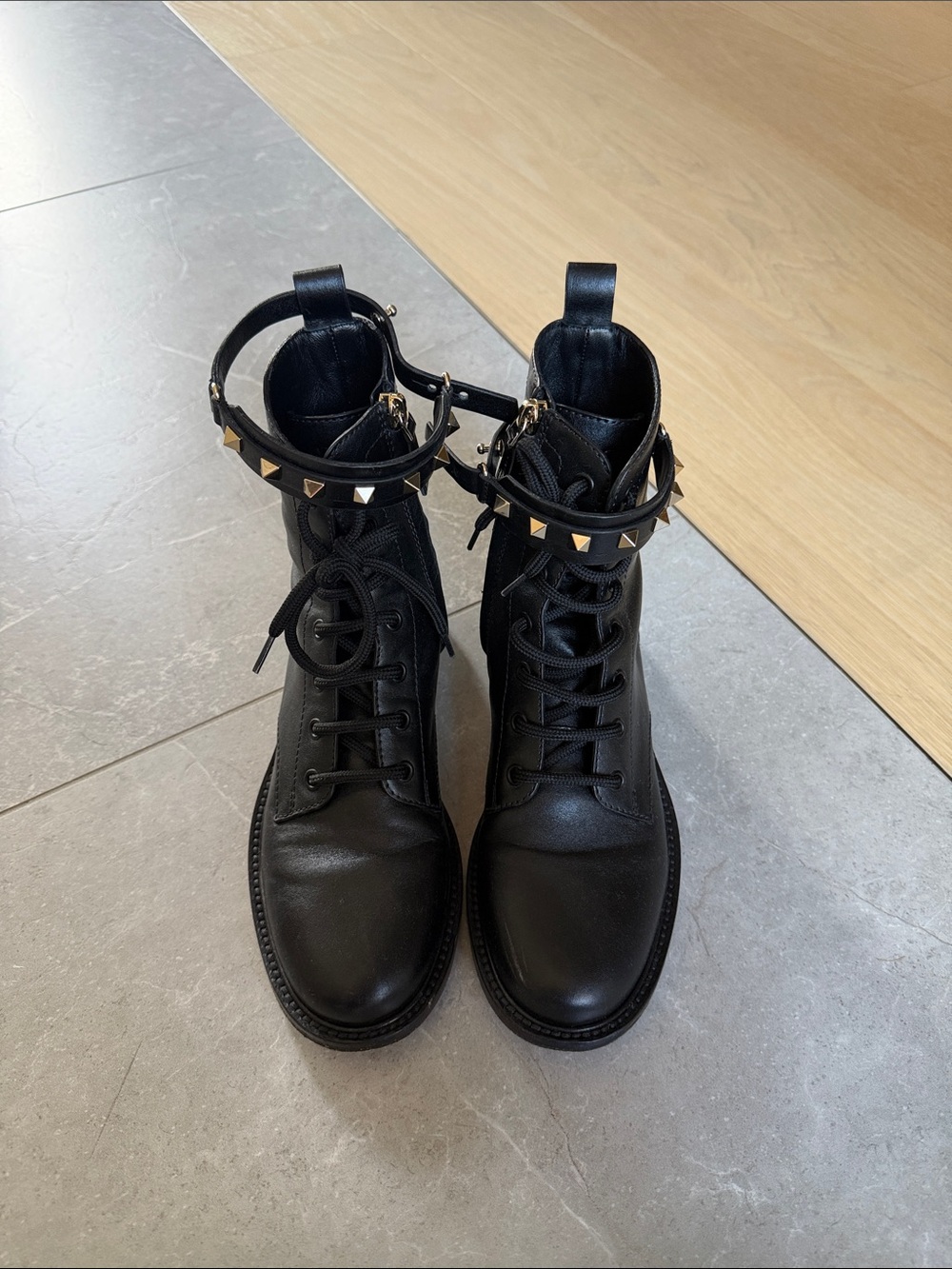 Valentino Garavani Black Leather Lace-Up Stud Ankle Boots